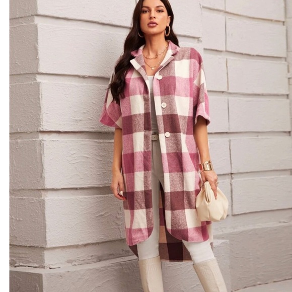 Pink Plaid High Low Shacket - Picture 1 of 5